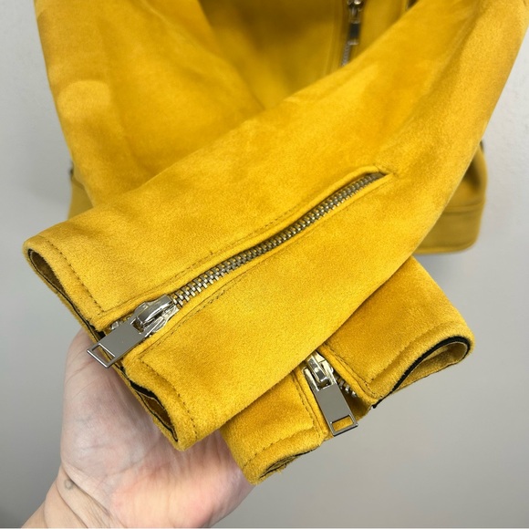 Zara Mustard Yellow Faux Leather Biker Jacket Womens L Indie Rocker Grunge Outer - Picture 8 of 16